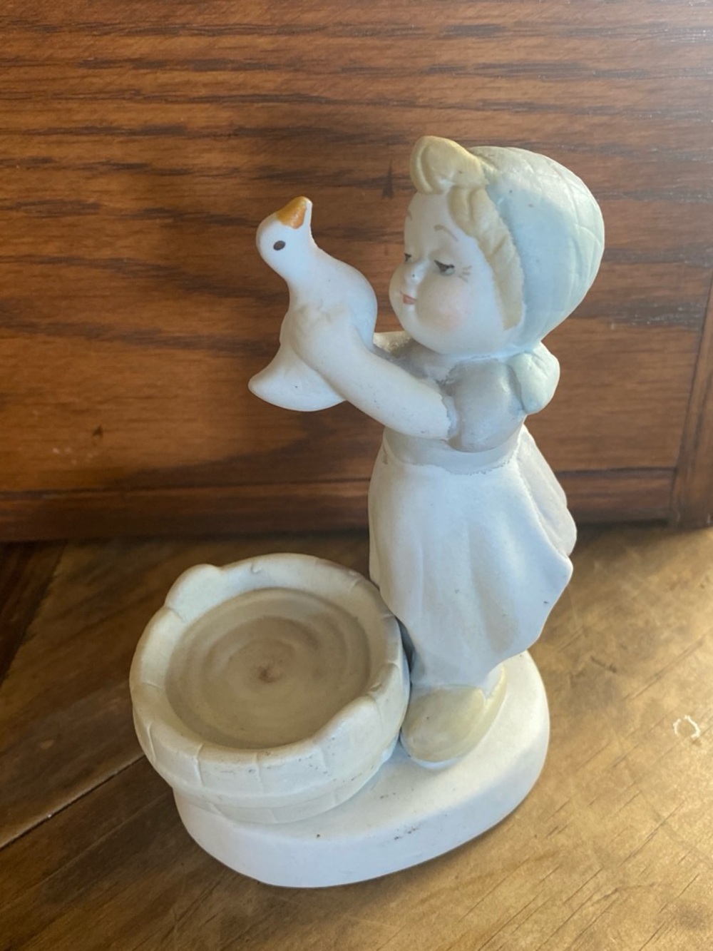 Vintage Ceramic Girl Figurine Holding a Duck - White and Pale Blue